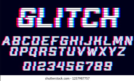 Glitch alphabet. Font with distortion effect.  Letters and numbers for electronics sale. Glitch effect. Blue and red channels.