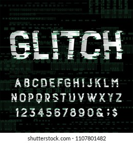 Glitch alphabet font. Distressed type letters and numbers on dark glitched background. Vector typeface for your design.