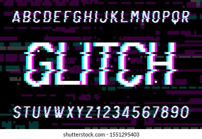 Glitch alphabet font. Pixel distorted letters and numbers. 80s arcade video game typescript.