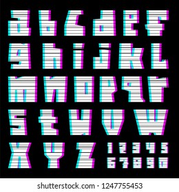 glitch alphabet with interference, lowercase, black background
