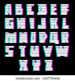 glitch alphabet with interference, uppercase, black background