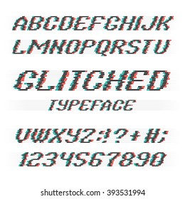 Glitch alphabet letters and numbers. Glitched typeface with noise shadow. font set on black background.