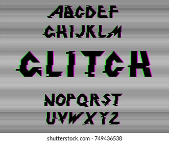 Glitch Alphabet.Vector distorted glitch font. Trendy style lettering typeface. Latin letters Glitch typeface. Green and red channels. Trendy style distorted vector illustration