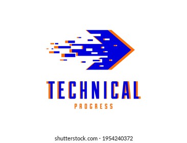 Glitch arrow vector logo symbolizes technical and technological progress, future science and digital effect, motion and speed dynamics.