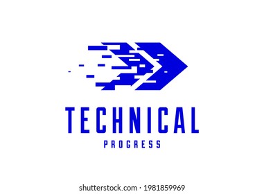 Glitch arrow vector logo symbolizes technical and technological progress, future science and digital effect, motion and speed dynamics.