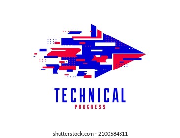 El logotipo del vector de flecha de brillo simboliza el progreso técnico y tecnológico, la futura ciencia y el efecto digital, la dinámica del movimiento y la velocidad.