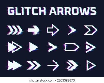 Glitch arrows. Glitched directional movement arrow, hud hologram cyberpunk next direction digital television effect back 1980 navigation sci-fi cursor, garish vector illustration of glitch defect svg