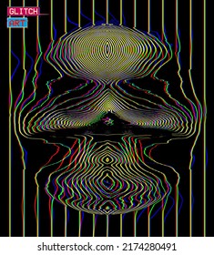 Glitch art abstract oscillator line halftone skull from 3D rendering inside a round shape. RGB color offset vector illustration on black background.