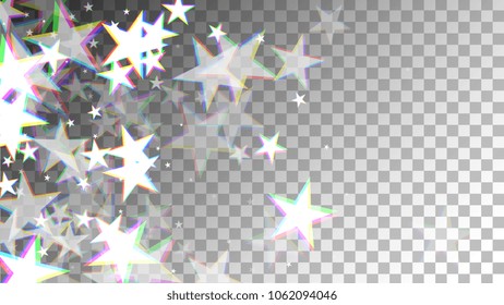 Glitch Art Background. White Stars with Trandy Glitch Effect.  Banner, Greeting Card, Christmas and New Year card. Digital Night Stars Backdrop. Vector Illustration.