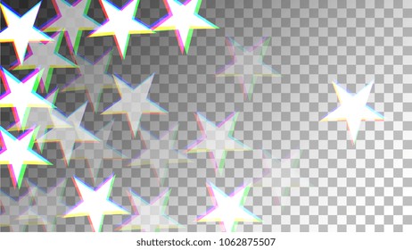 Glitch Art Background. White Stars with Trandy Glitch Effect.  Banner, Greeting Card, Christmas and New Year card. Digital Stars Backdrop. Falling White Stars Confetti Vector Illustration.