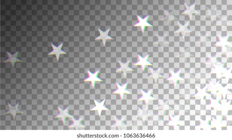 Glitch Art Background. White Stars with Trandy Glitch Effect.  Banner, Greeting Card, Christmas and New Year card. Digital Night Stars Backdrop. Vector Illustration.