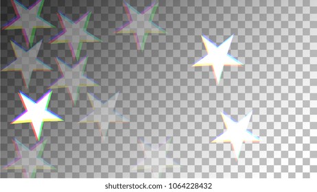 Glitch Art Background. White Stars with Trandy Glitch Effect.  Banner, Greeting Card, Christmas and New Year card. Digital Night Stars Backdrop. Vector Illustration.