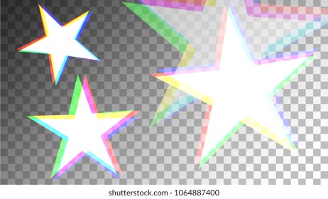 Glitch Art Background. White Stars with Trandy Glitch Effect.  Banner, Greeting Card, Christmas and New Year card. Digital Stars Backdrop. Falling White Stars Confetti Vector Illustration.