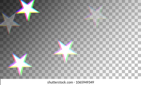 Glitch Art Background. White Stars with Trandy Glitch Effect.  Banner, Greeting Card, Christmas and New Year card. Digital Night Stars Backdrop. Vector Illustration.
