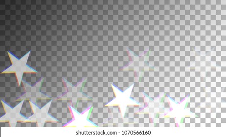 Glitch Art Background. White Stars with Trandy Glitch Effect.  Banner, Greeting Card, Christmas and New Year card. Digital Night Stars Backdrop. Vector Illustration.