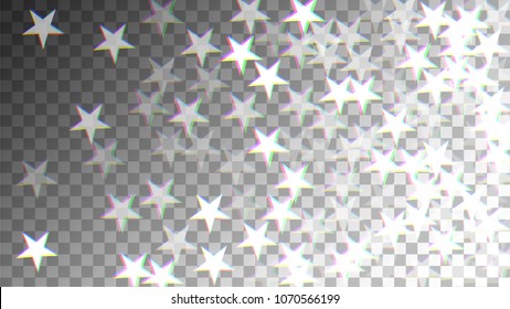 Glitch Art Background. White Stars with Trandy Glitch Effect. Postcard, Packaging, Textile Print. Digital Night Stars Backdrop. Vector Illustration.