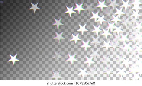 Glitch Art Background. White Stars with Trandy Glitch Effect. Postcard, Packaging, Textile Print. Digital Night Stars Backdrop. Vector Illustration.