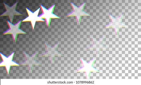 Glitch Art Background. White Stars with Trandy Glitch Effect.  Banner, Greeting Card, Christmas and New Year card. Digital Night Stars Backdrop. Vector Illustration.