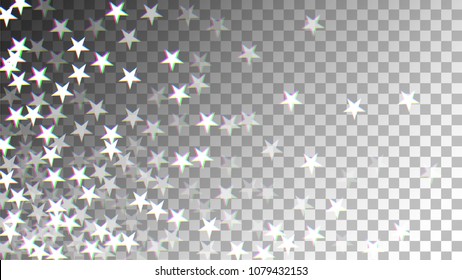 Glitch Art Background. White Stars with Trandy Glitch Effect.  Banner, Greeting Card, Christmas and New Year card. Digital Stars Backdrop. Falling White Stars Confetti Vector Illustration.