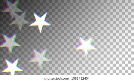 Glitch Art Background. White Stars with Trandy Glitch Effect.  Banner, Greeting Card, Christmas and New Year card. Digital Stars Backdrop. Falling White Stars Confetti Vector Illustration.