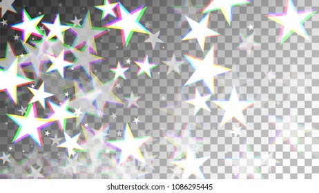 Glitch Art Background. White Stars with Trandy Glitch Effect. Postcard, Packaging, Textile Print. Digital Stars Backdrop. Falling White Stars Confetti Vector Illustration.