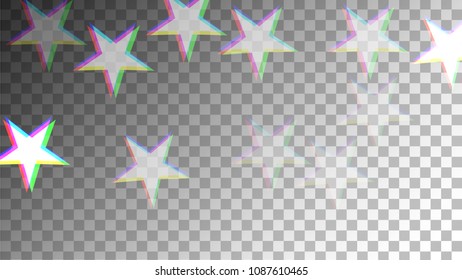 Glitch Art Background. White Stars with Trandy Glitch Effect.  Banner, Greeting Card, Christmas and New Year card. Digital Stars Backdrop. Falling White Stars Confetti Vector Illustration.