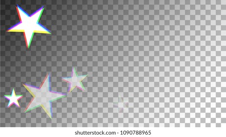 Glitch Art Background. White Stars with Trandy Glitch Effect.  Banner, Greeting Card, Christmas and New Year card. Digital Stars Backdrop. Falling White Stars Confetti Vector Illustration.