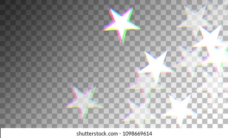 Glitch Art Background. White Stars with Trandy Glitch Effect. Postcard, Packaging, Textile Print. Digital Stars Backdrop. Falling White Stars Confetti Vector Illustration.