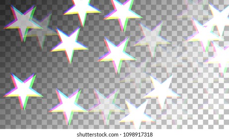 Glitch Art Background. White Stars with Trandy Glitch Effect.  Banner, Greeting Card, Christmas and New Year card. Digital Night Stars Backdrop. Vector Illustration.