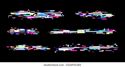 Glitch art border. Electronic corrupted and damaged elements, abstract noise texture. Destroyed code effect. Defect information, graphic bug. Vector illustration. Error line.