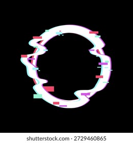 Glitch art circle frame presenting a distorted digital effect with vibrant chromatic aberration elements against a black background, creating an abstract and modern cyber aesthetic