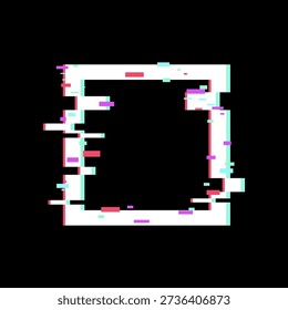 Glitch art frame forming a distorted border with pixelated effects and chromatic aberration, representing digital error, corrupt data, and abstract technology on a black background