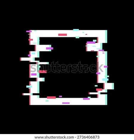 Glitch art frame forming a distorted border with pixelated effects and chromatic aberration, representing digital error, corrupt data, and abstract technology on a black background