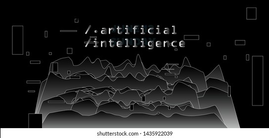 Glitch art futuristic technology vector background. Poster template for AI (artificial intelligence), Big Data Analysis and Statistics topics. Vaporwave/ synthwave/ cyberpunk style.