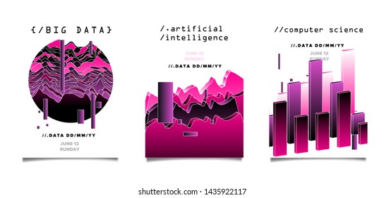 Glitch art futuristic technology vector background. Poster template for AI (artificial intelligence), Big Data Analysis and Statistics topics. Vaporwave/ synthwave/ cyberpunk 80s-90s neon style.