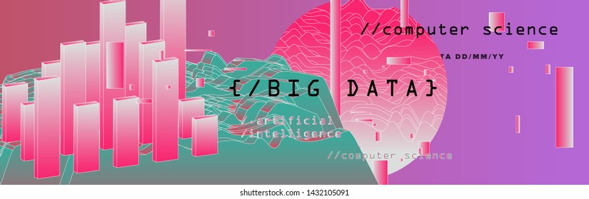 Glitch art futuristic vector background. Poster template for AI (artificial intelligence), Big Data or Data Analysis and Statistics. Vaporwave/ cyberpunk 80s-90s VHS neon style.