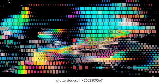 Glitch art illustration with vibrant, multicolored squares on a black background. Dynamic, pixelated design creates a modern, tech-inspired aesthetic with a sense of movement and energy.
