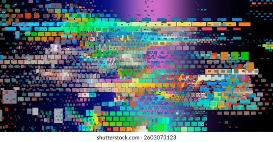 Glitch art illustration with vibrant, multicolored squares on a black background. Dynamic, pixelated design creates a modern, tech-inspired aesthetic with a sense of movement and energy.
