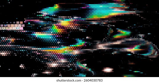 Glitch art illustration with vibrant, multicolored squares on a black background. Dynamic, pixelated design creates a modern, tech-inspired aesthetic with a sense of movement and energy.

