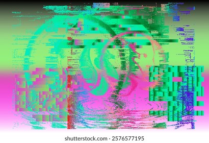 Glitch art inspired vector collage made with grunge textures in holographic bold colors, useful for poster art and digital prints.