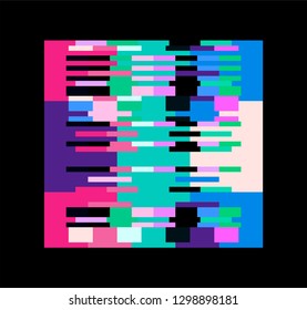 Glitch art/ lo-fi logotype, frame, design element. Pixelated square on dark background. 