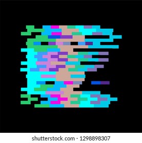 Glitch art/ lo-fi logotype, frame, design element. Pixelated square on dark background. 