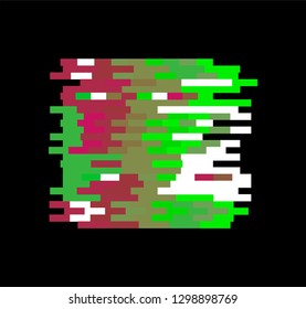 Glitch art/ lo-fi logotype, frame, design element. Pixelated square on dark background. 
