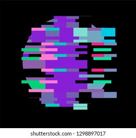 Glitch art logotype, frame, design element. Pixelated circle on dark background. 