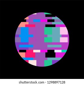 Glitch art logotype, frame, design element. Pixelated circle on dark background. 