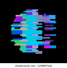 Glitch art logotype, frame, design element. Pixelated circle on dark background. 