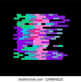 Glitch art logotype, frame, design element. Pixelated circle on dark background. 