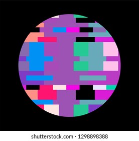 Glitch art logotype, frame, design element. Pixelated circle on dark background. 
