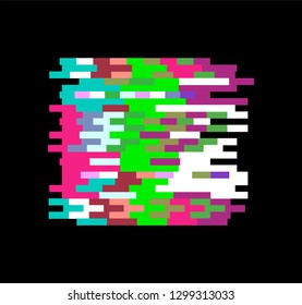 Glitch art logotype, frame, design element. Pixelated square on dark background. 