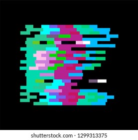 Glitch art logotype, frame, design element. Pixelated square on dark background. 